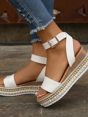 Summer White Espadrille Platform Studded Ankle Strap Sandals - Image 2