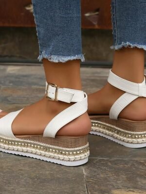 Summer White Espadrille Platform Studded Ankle Strap Sandals - Image 4