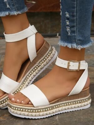 Summer White Espadrille Platform Studded Ankle Strap Sandals - Image 5