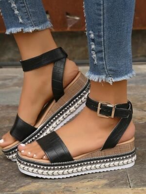 Summer White Espadrille Platform Studded Ankle Strap Sandals - Image 7