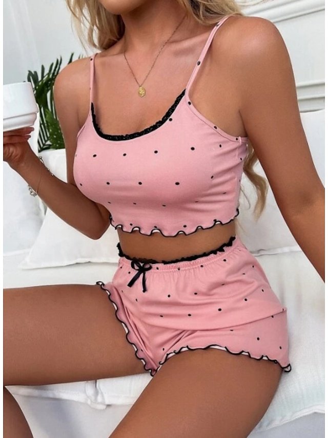 Valentine Dot Print Lettuce Trim Crop Cami Short Pajama Set - Image 1
