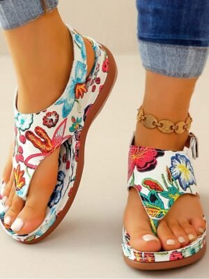 Vibrant Floral Open-Toe Buckle Thong Sandals - Image 1