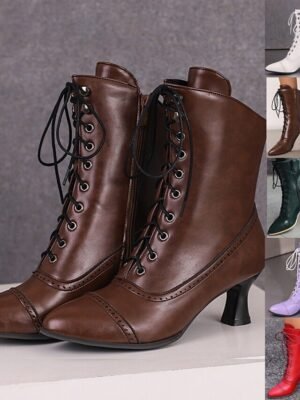 Victorian Lace-Up Faux Leather Ankle Heeled Boots - Image 1