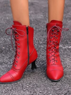 Victorian Lace-Up Faux Leather Ankle Heeled Boots - Image 11