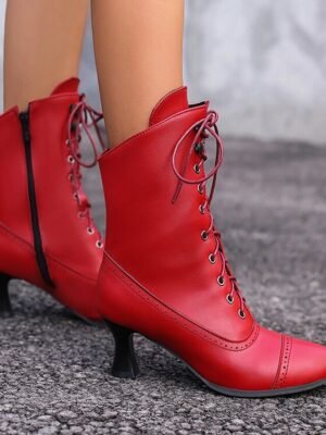 Victorian Lace-Up Faux Leather Ankle Heeled Boots - Image 12