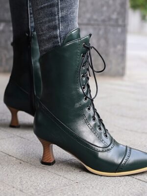 Victorian Lace-Up Faux Leather Ankle Heeled Boots - Image 13