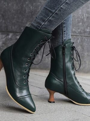 Victorian Lace-Up Faux Leather Ankle Heeled Boots - Image 14