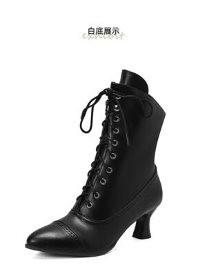 Victorian Lace-Up Faux Leather Ankle Heeled Boots - Image 15