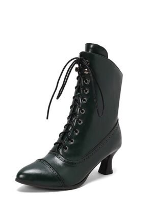 Victorian Lace-Up Faux Leather Ankle Heeled Boots - Image 18