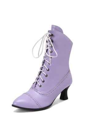 Victorian Lace-Up Faux Leather Ankle Heeled Boots - Image 19