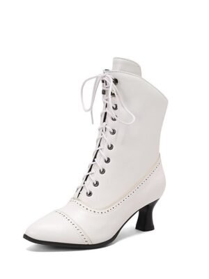 Victorian Lace-Up Faux Leather Ankle Heeled Boots - Image 20