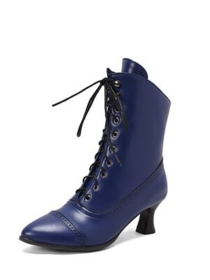 Victorian Lace-Up Faux Leather Ankle Heeled Boots - Image 21