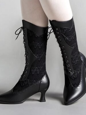 Victorian-Style Lace-Up Pointed Toe Mid Heel Boots - Image 1