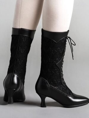 Victorian-Style Lace-Up Pointed Toe Mid Heel Boots - Image 2