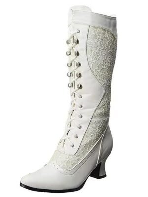 Victorian-Style Lace-Up Pointed Toe Mid Heel Boots - Image 4