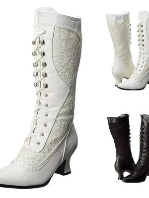 Victorian-Style Lace-Up Pointed Toe Mid Heel Boots - Image 9