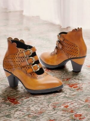 Vintage Ankle Buckle Strap Perforated High Heel Boots - Image 1