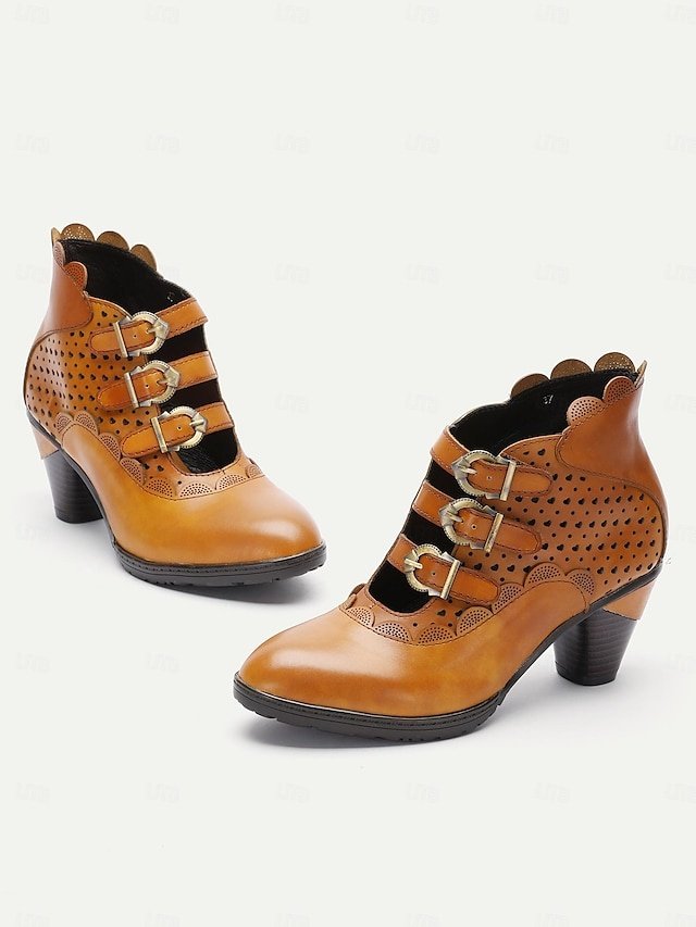 Vintage Ankle Buckle Strap Perforated High Heel Boots - Image 2