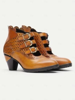Vintage Ankle Buckle Strap Perforated High Heel Boots - Image 3
