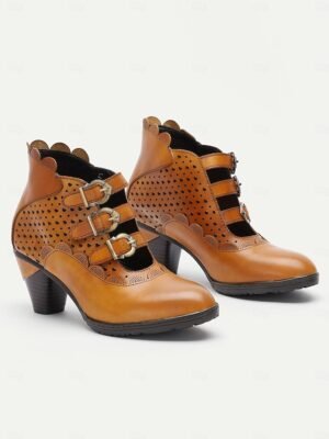 Vintage Ankle Buckle Strap Perforated High Heel Boots - Image 4