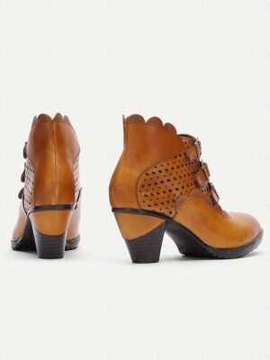 Vintage Ankle Buckle Strap Perforated High Heel Boots - Image 5