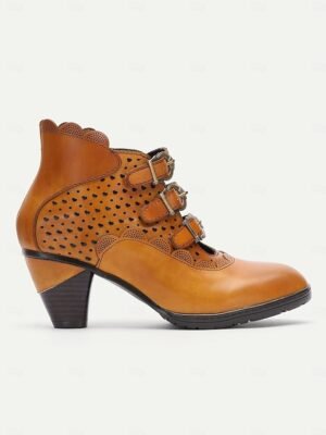 Vintage Ankle Buckle Strap Perforated High Heel Boots - Image 6