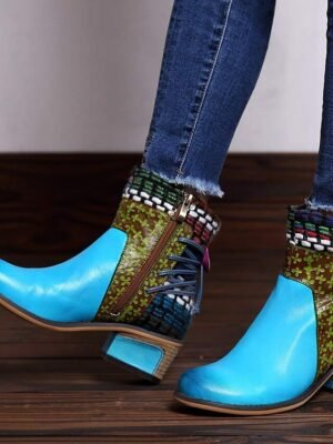 Vintage Boho Chic Colour Block Round Toe Ankle Boots - Image 4