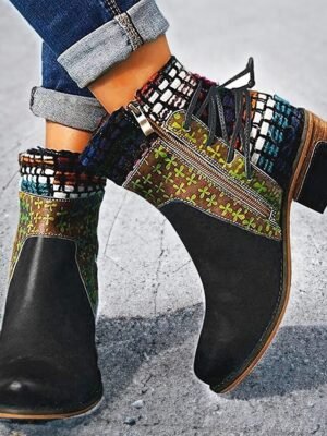 Vintage Boho Chic Colour Block Round Toe Ankle Boots - Image 9