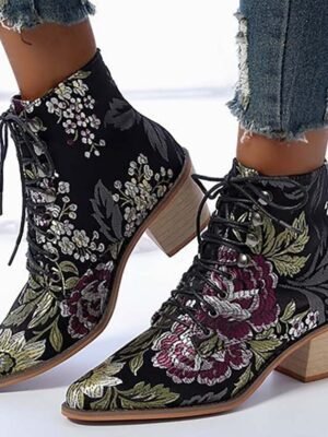 Vintage Boho Chunky Heel Floral Lace-Up Ankle Boots - Image 1