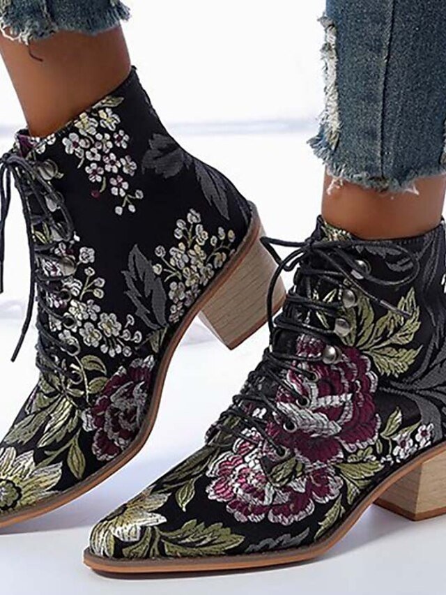 Vintage Boho Chunky Heel Floral Lace-Up Ankle Boots - Image 1