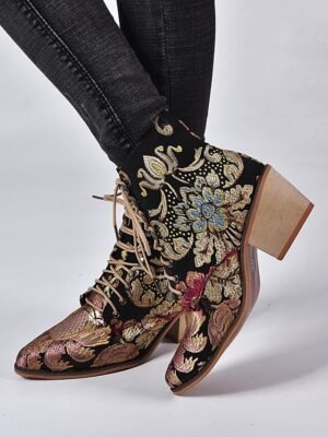 Vintage Boho Chunky Heel Floral Lace-Up Ankle Boots - Image 10