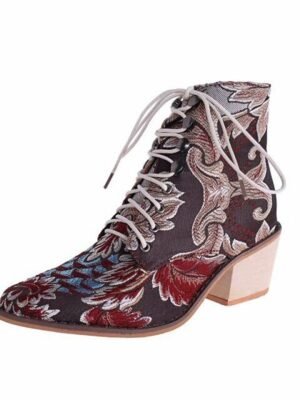 Vintage Boho Chunky Heel Floral Lace-Up Ankle Boots - Image 11