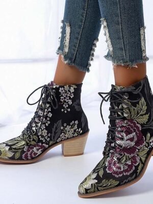 Vintage Boho Chunky Heel Floral Lace-Up Ankle Boots - Image 2