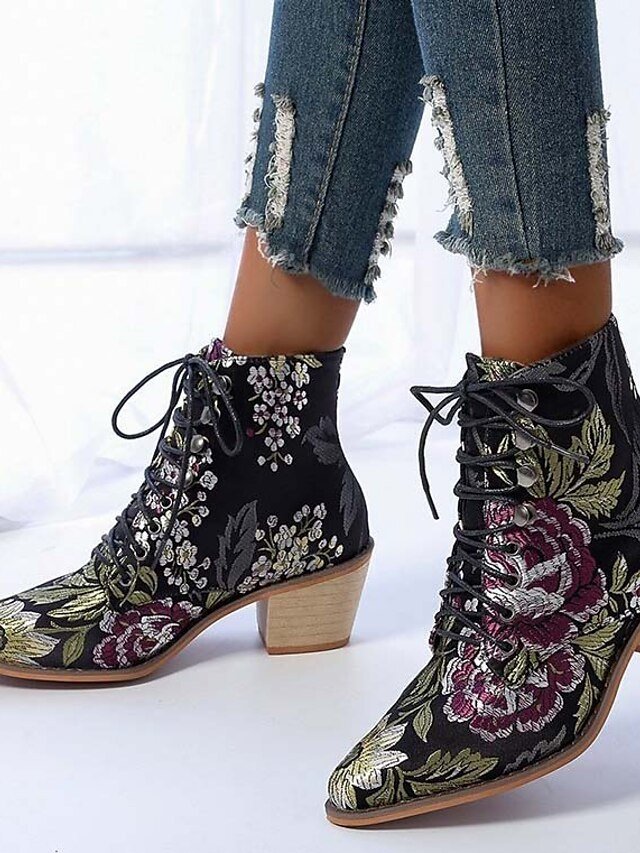 Vintage Boho Chunky Heel Floral Lace-Up Ankle Boots - Image 2