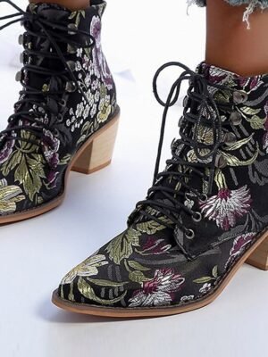 Vintage Boho Chunky Heel Floral Lace-Up Ankle Boots - Image 3