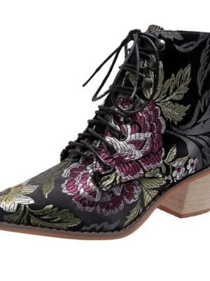 Vintage Boho Chunky Heel Floral Lace-Up Ankle Boots - Image 4