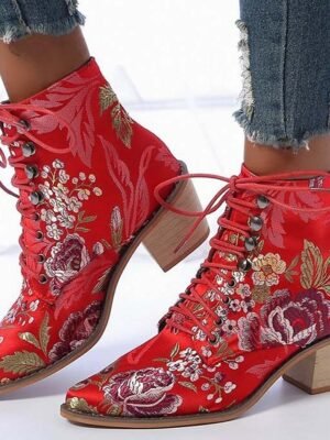 Vintage Boho Chunky Heel Floral Lace-Up Ankle Boots - Image 5