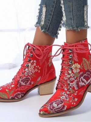 Vintage Boho Chunky Heel Floral Lace-Up Ankle Boots - Image 6