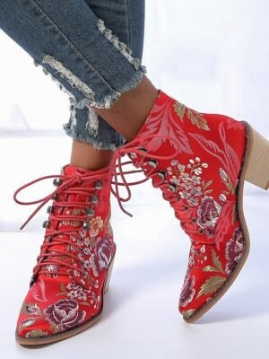Vintage Boho Chunky Heel Floral Lace-Up Ankle Boots - Image 7