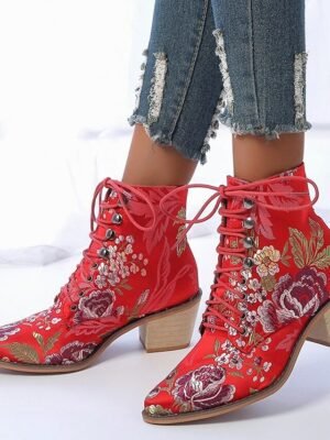 Vintage Boho Chunky Heel Floral Lace-Up Ankle Boots - Image 8