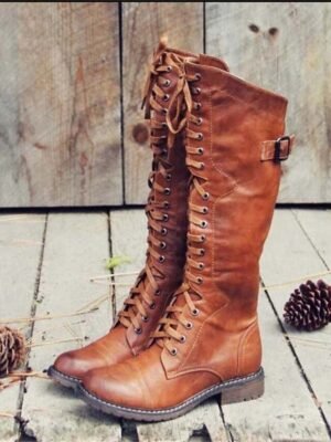 Vintage Brown Knee-High Lace-Up Buckle Riding Boots - Image 1