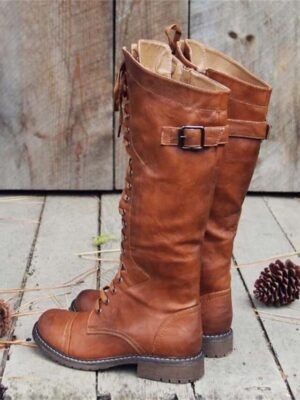 Vintage Brown Knee-High Lace-Up Buckle Riding Boots - Image 2