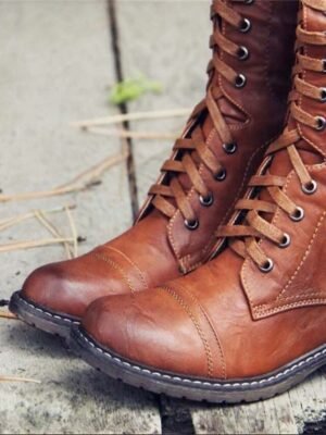 Vintage Brown Knee-High Lace-Up Buckle Riding Boots - Image 3