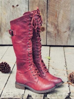 Vintage Brown Knee-High Lace-Up Buckle Riding Boots - Image 5