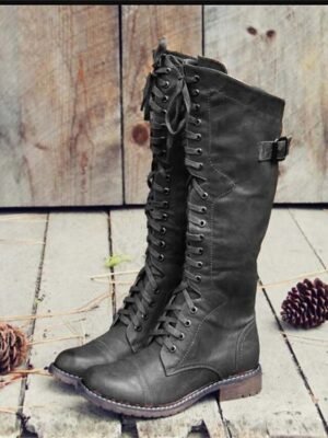 Vintage Brown Knee-High Lace-Up Buckle Riding Boots - Image 6