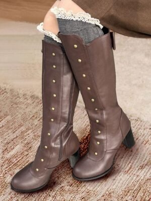 Vintage Brown Knee-High Leather Button Detail Block Heel Boots - Image 2