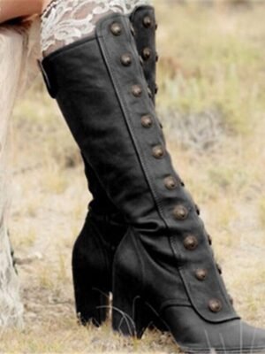 Vintage Brown Knee-High Leather Button Detail Block Heel Boots - Image 6