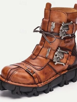 Vintage Brown Lace-Up Gothic Steampunk Skull Buckle Ankle Combat Boots - Image 3