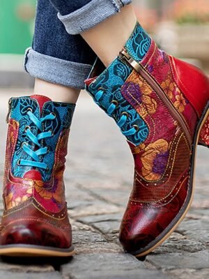 Vintage Casual Floral Lace-Up Ankle Boots - Image 1