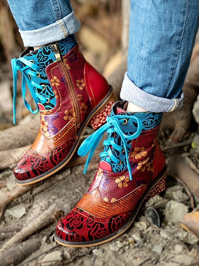 Vintage Casual Floral Lace-Up Ankle Boots - Image 2